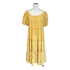 Emory Park Womens Maxi Smock Dress Tiered Skirt Mustard Yellow Short Sleeve XS